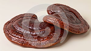 Reishi mushroom ganoderma lucidum serenely presented on a soft pastel colored background