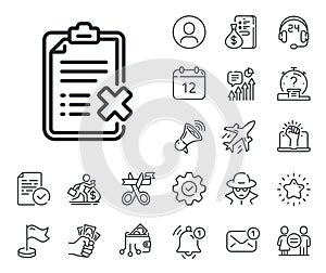 Reject checklist line icon. Decline document sign. Salaryman, gender equality and alert bell. Vector