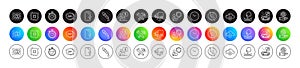 Reject, Elastic and Time line icons. For web app, printing. Round icon buttons. Vector