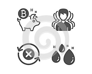 Reject refresh, Group and Bitcoin coin icons. Water drop sign. Vector
