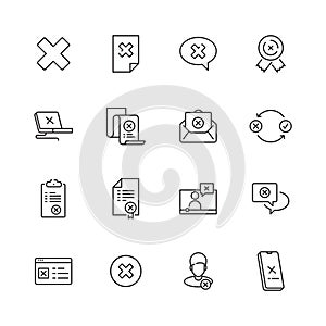 Rejected icons. Judge stamp refuses computer guarantee contract cancelled vector simple line icons collection