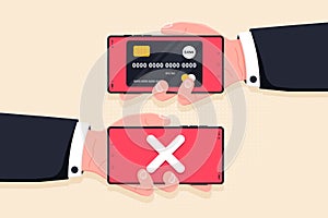 Rejected mobile payment concept flat illustration. The transaction was rejected.