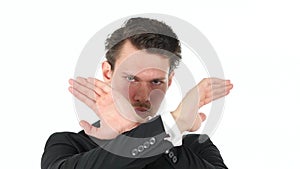 Rejecting, Denying Young Businessman on White Background photo