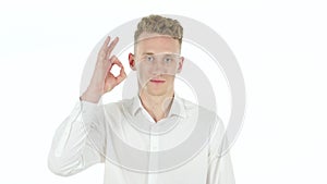 Rejecting Offer, Denying Young Businessman, White Background photo