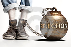 Rejection can be a big weight and a burden with negative influence - Rejection role and impact symbolized by a heavy prisoner`s photo