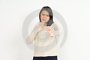 Rejection Gesture of Beautiful Asian Woman Isolated On White
