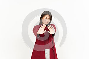 Rejection Gesture Of Beautiful Asian Woman Wearing Red Shirt Isolated On White