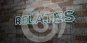RELATES - Glowing Neon Sign on stonework wall - 3D rendered royalty free stock illustration