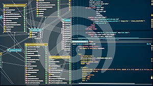 Relational database table for web app. Technology background. Back-end project architecture development. Programmer workflow photo