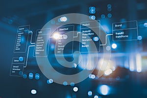 Relational database tables with server room and datacenter background