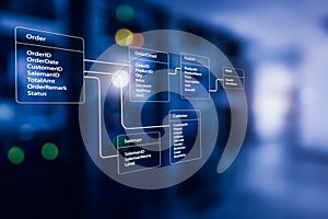 Relational database tables with server room and datacenter background.