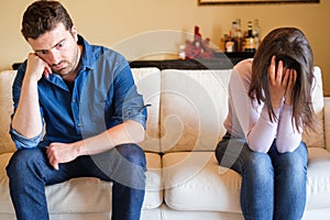 Relationship end and crying girlfriend on the sofa