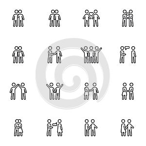 Relationship and friendship line icons set