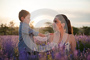 Relationship issue concept cute little boy touch his hurted young mother asking forgiveness and apologize outdoor summer flower