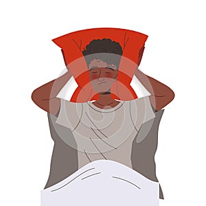 Relationship Problem with Man Covering His Ears with Pillow Sitting in Bed Vector Illustration