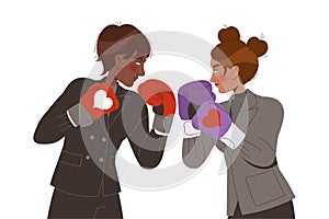 Relationship Problems with Man and Woman Fighting with Boxing Gloves Vector Illustration