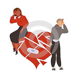 Relationship Problems with Man and Woman Near Broken Red Heart Suffering from Troubles in Relation Vector Illustration