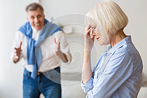 Relationship problems. Senior couple quarrelling at home