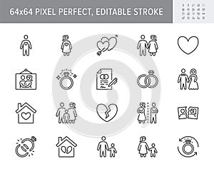 Relationship status line icons. Vector illustration include icon - husband, bachelor, wife, marriage, rings, wedding