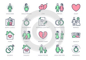 Relationship status line icons. Vector illustration include icon - husband, , wife, marriage, rings, divorce, wedding