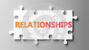 Relationships complex like a puzzle - pictured as word Relationships on a puzzle pieces to show that Relationships can be