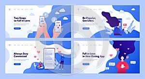 Relatioship and love banner template. Vector flat people illustration. Online and speed dating concept. Set of horizontal layout.