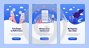 Relatioship and love banner template. Vector flat people illustration. Online and speed dating concept. Set of vertical layout.