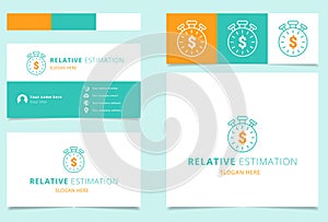 Relative estimation logo design with editable slogan. Branding book and business card template.