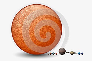 The relative size of eight planets and the sun 3d illustration.