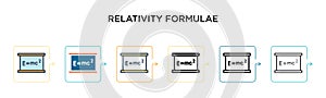 Relativity formulae vector icon in 6 different modern styles. Black, two colored relativity formulae icons designed in filled,