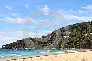 Relax on beach. Sunny day. Blue sea