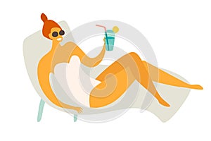 Relax on the beach vector illustration. Young woman with fruit shake