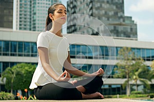 Relax Business Woman Yoga Lotus Position Outside Office Building