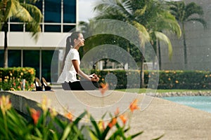 Relax Business Woman Yoga Lotus Position Outside Office Building