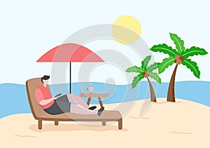 Relax on Chair the Beach and Under the Heat of the Sun While Playing Smartphone and Drinking Cold Drinks Background Vector