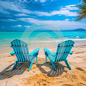 Relax chair Empty sea wave sand sun tropical beach background. Generative Ai