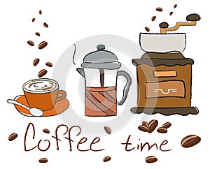 Relax coffee time banner ads, illustration brown cup in top view, engraving style background, lettering, Coffee beans