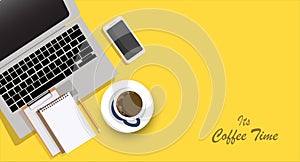 Relax coffee time banner flat design illustration working space on yellow background