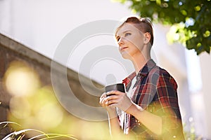 Relax, coffee and woman in garden with thinking for idea, fresh air and planning for day in morning. Summer, nature and