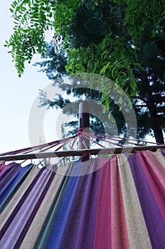 Relax on Colorful hammock on the tree in the forest. Camping night with fabric with rainbow colors. Home relaxing in the garden