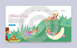 Relax day outdoors leisure in park, summer time cartoon web template vector illustration.