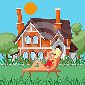 Relax day woman taking sun bath outdoors leisure at summer town house cartoon vector illustration. photo