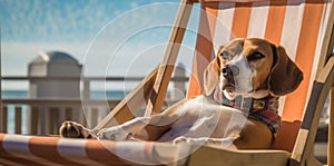 relax dog vacation summer pet chair funny lazy beach sunglasses. Generative AI.