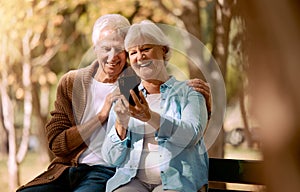 Relax, happy and phone with old couple in park for video call, social media and communication. Smile, health and