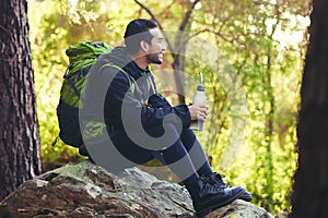 Relax, hiking or water bottle in forest, nature woods or fitness environment for break, electrolytes or healthcare