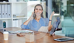 Relax, laptop or business woman in phone call with smile for schedule communication, networking or talking to client