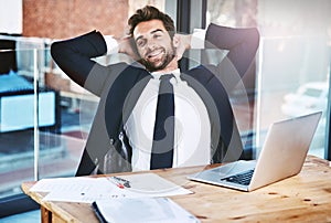 Relax, laptop and businessman stretching for break in office, paperwork and document on table. Contract or agreement and