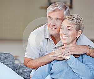 Relax, love and happy with old couple on sofa for peace, marriage and affectionate together. Retirement, bonding and