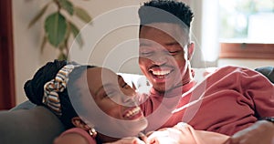 Relax, love and laughing black couple conversation, communication and consulting about marriage, care or trust. Funny