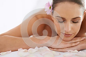 Relax, massage and face of girl at spa for health, wellness and balance with luxury holistic treatment. Self care, zen